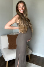 Taupe Ribbed Side Slit Maternity Maxi Dress by PinkBlush