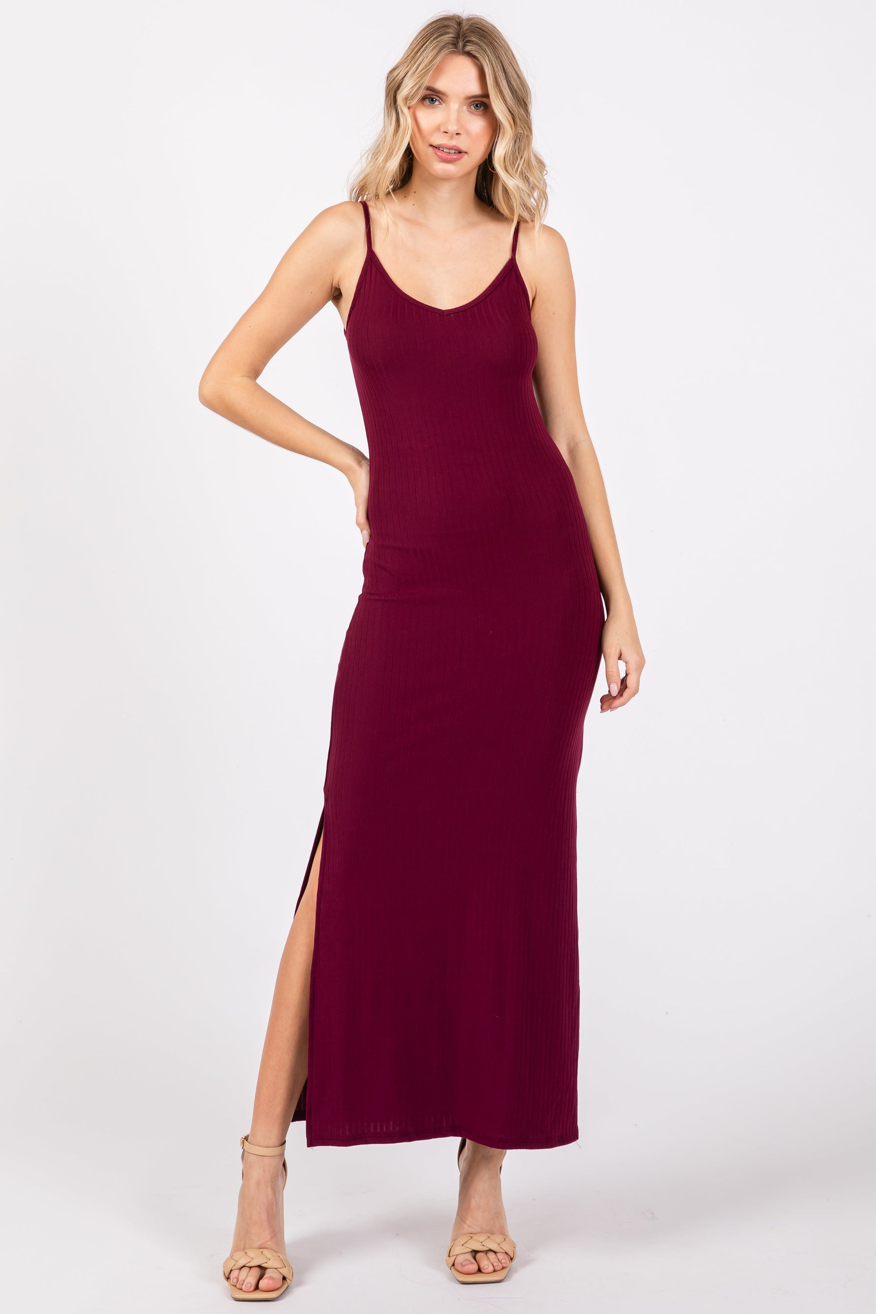 Burgundy Ribbed Side Slit Maternity Maxi Dress by PinkBlush at Everetts Place
