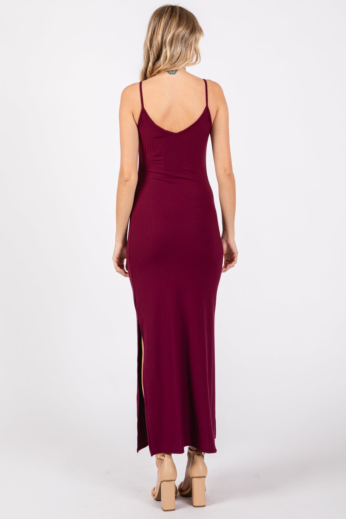 Burgundy Ribbed Side Slit Maxi Dress by PinkBlush at Everetts Place