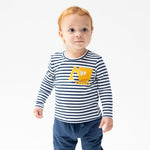 Long sleeve baby shirt with a construction digger truck applique pocket on the front
