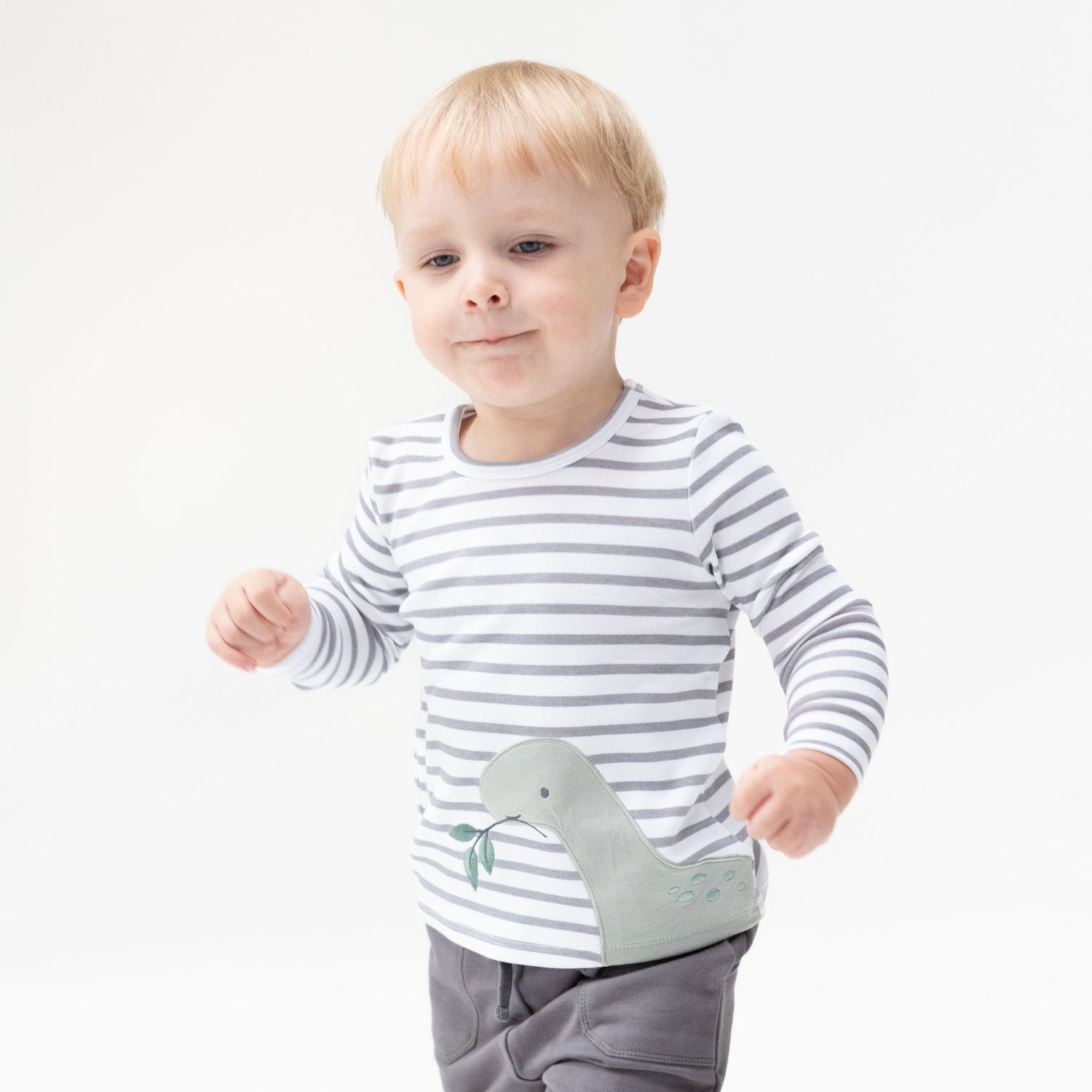 Long sleeve baby and toddler shirt with a dinosaur applique on the front