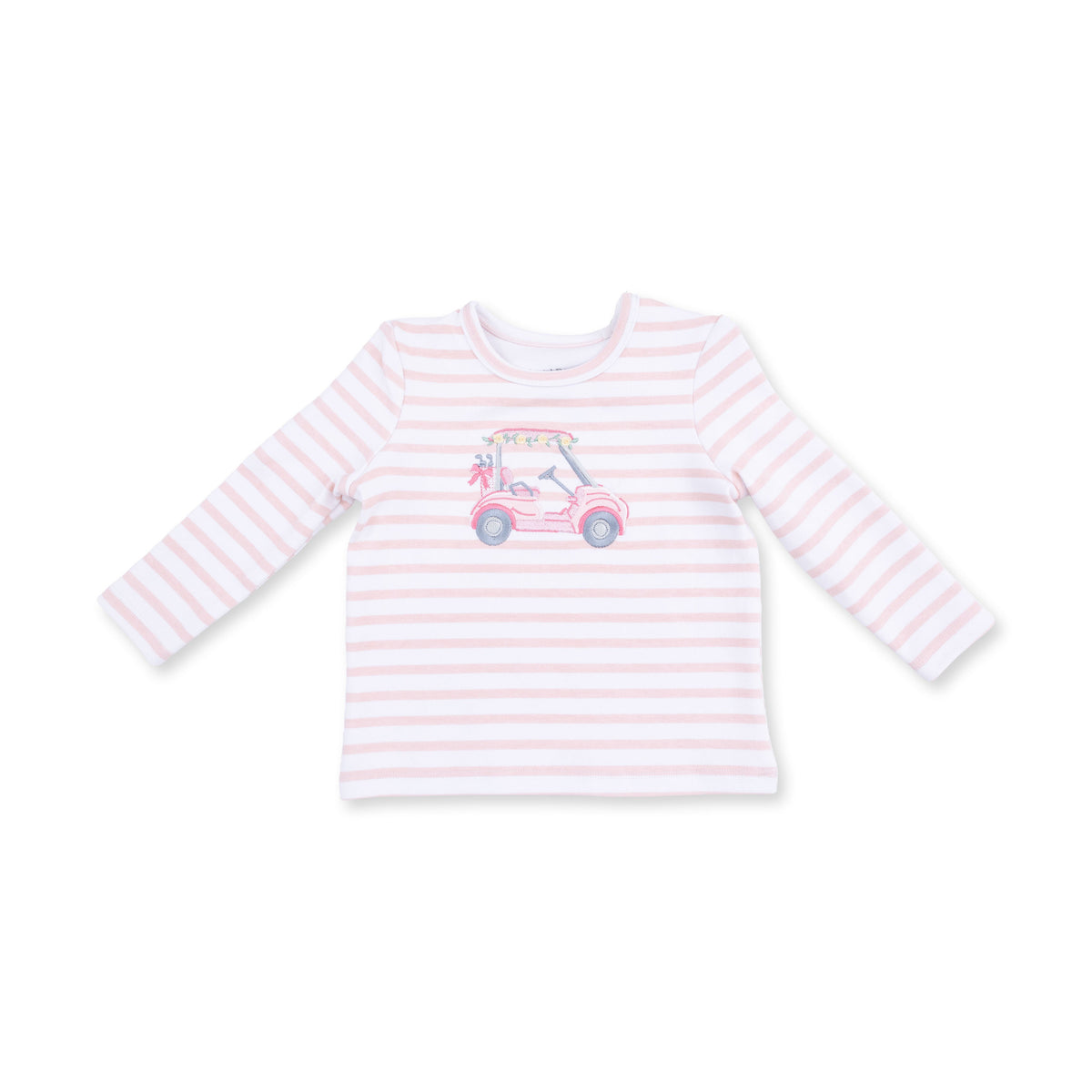 Long sleeve baby shirt with pink golf cart and flowers applique on the front
