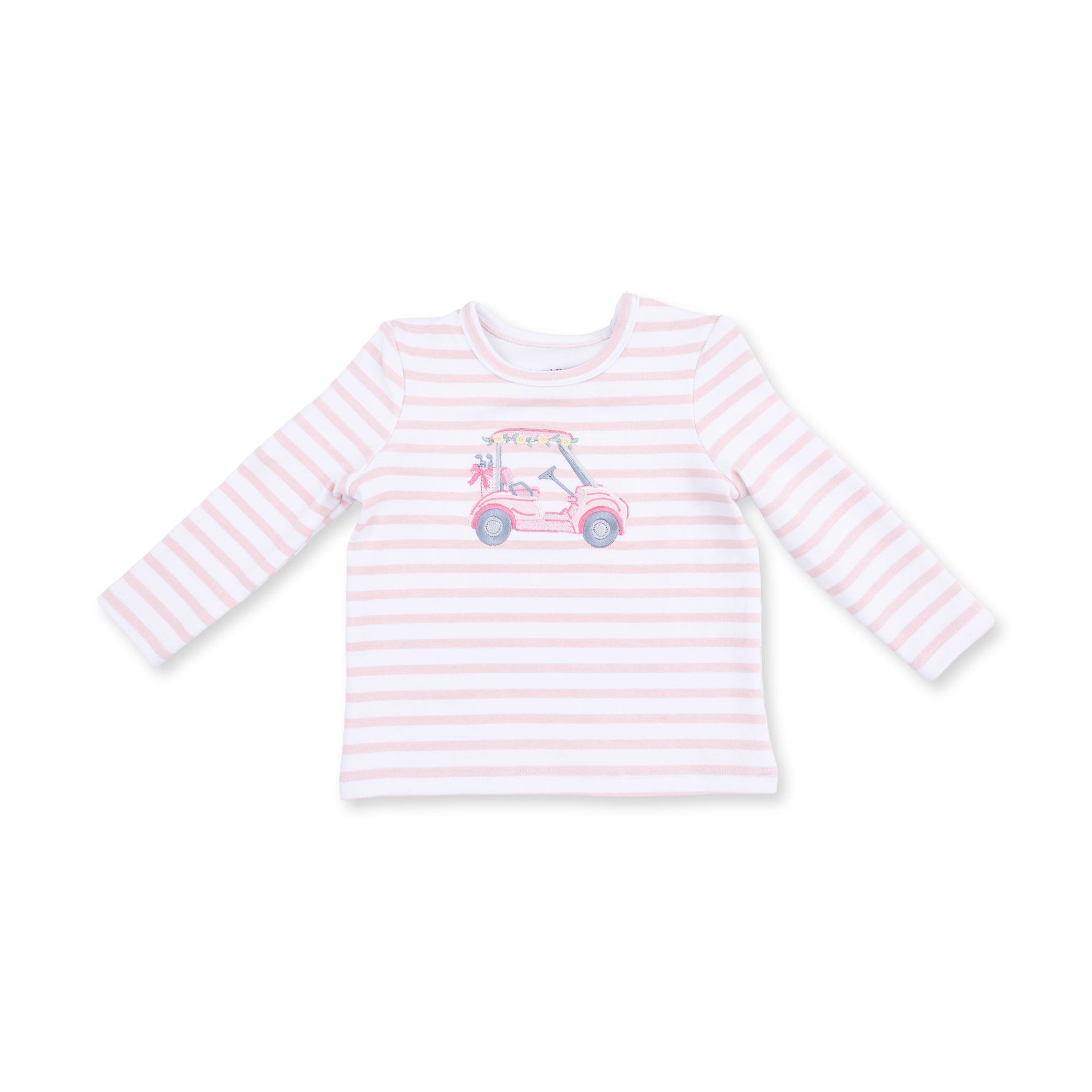 Long sleeve baby shirt with pink golf cart and flowers applique on the front