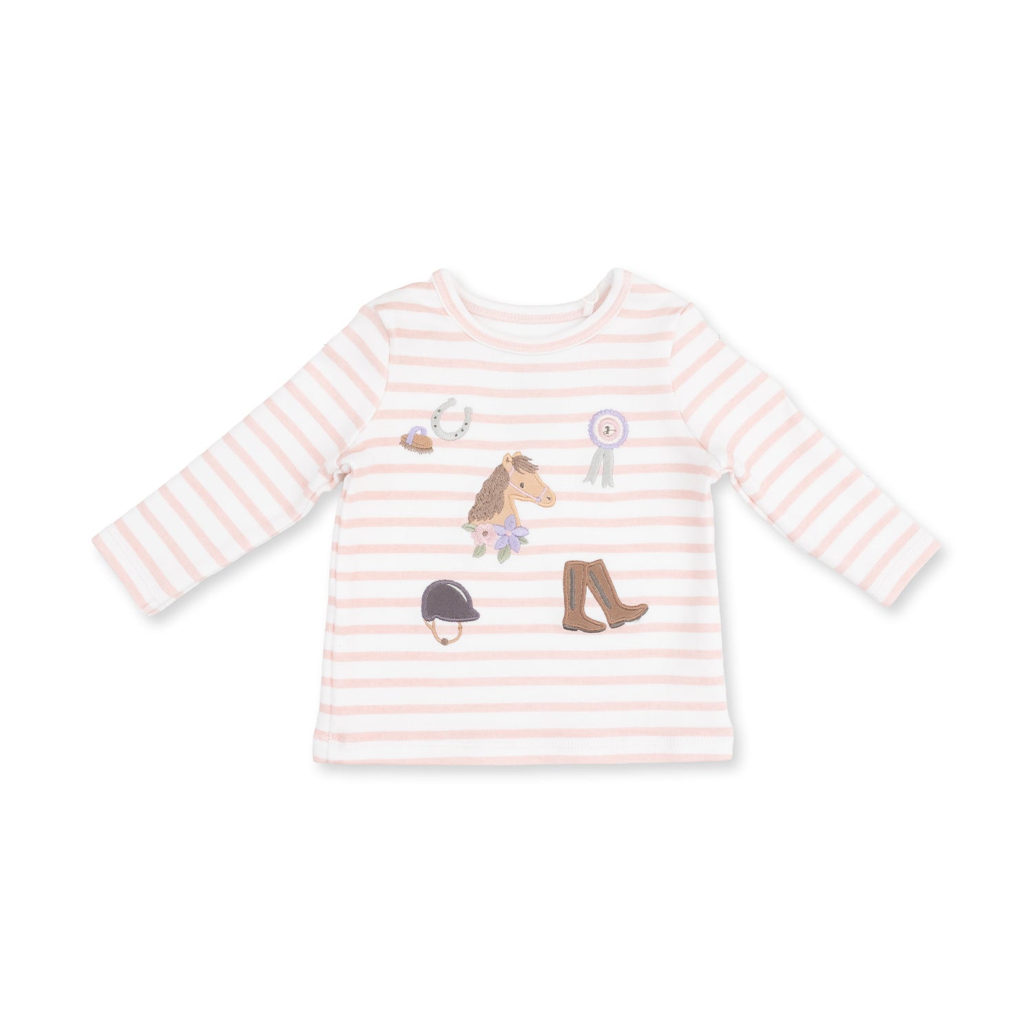 Long sleeve baby shirt with equestrian appliques including horseshoes, riding boots and helmets