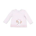 Long sleeve baby shirt with striped top, puppy applique on the chest, and solid pink lower portion