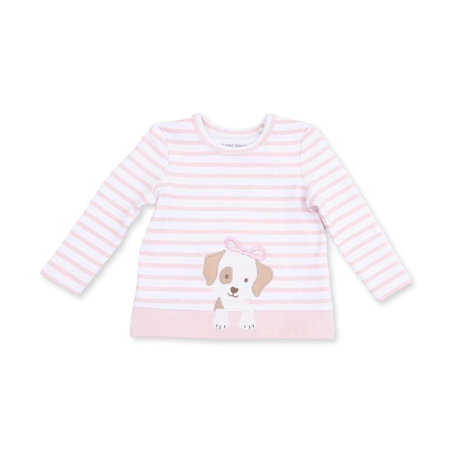 Long sleeve baby shirt with striped top, puppy applique on the chest, and solid pink lower portion