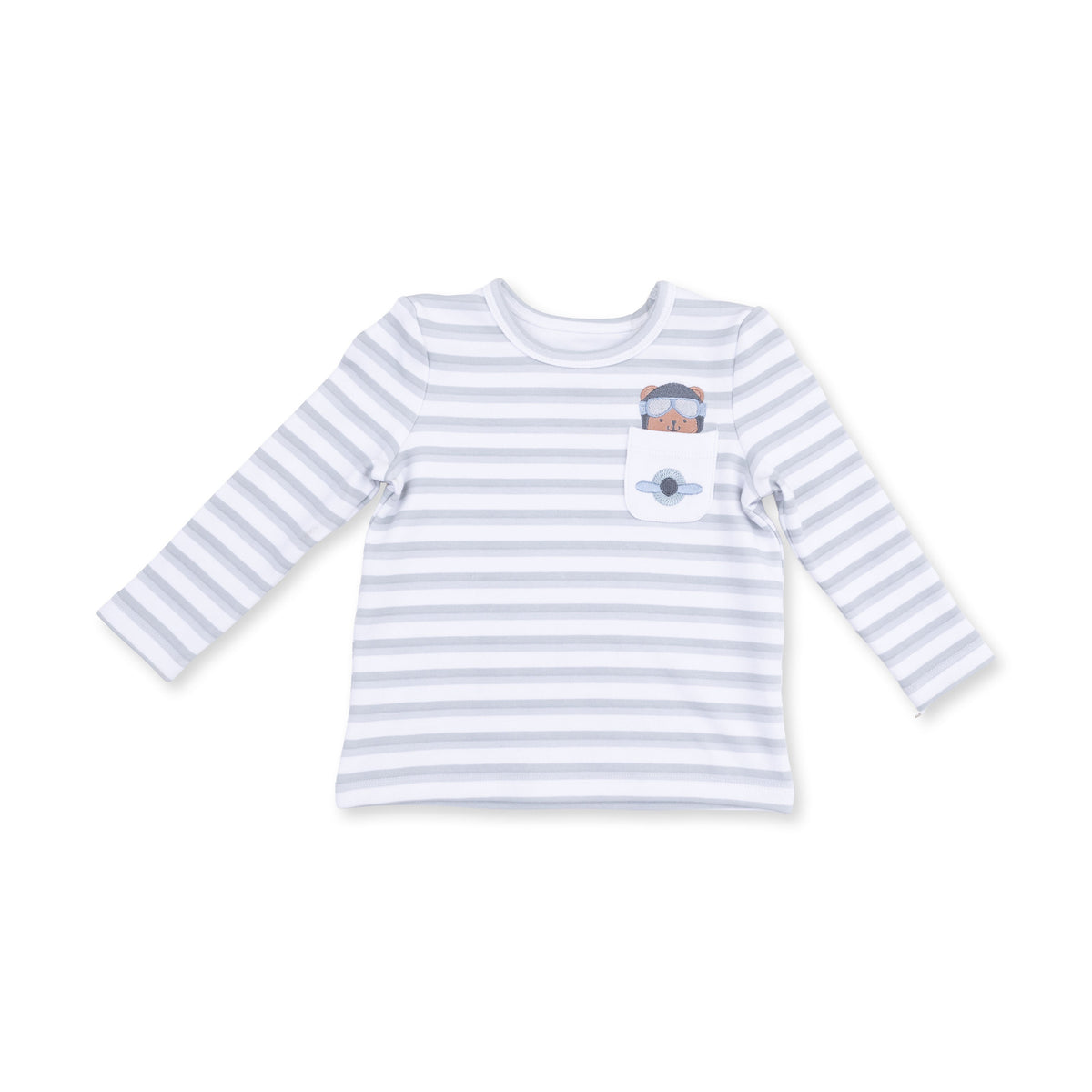 Long sleeve baby shirt with airplane pocket applique and a bear pilot peeking out