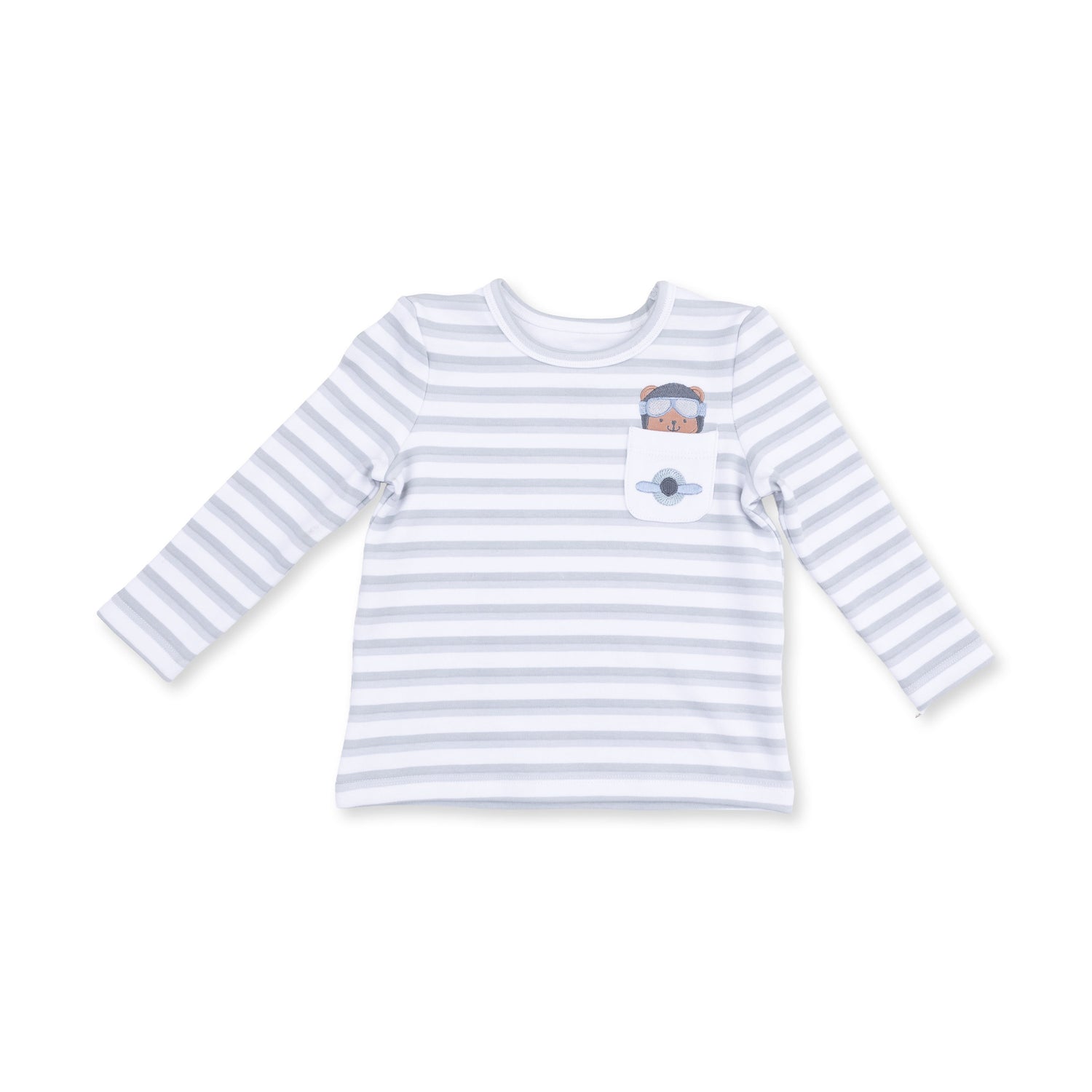 Long sleeve baby shirt with airplane pocket applique and a bear pilot peeking out