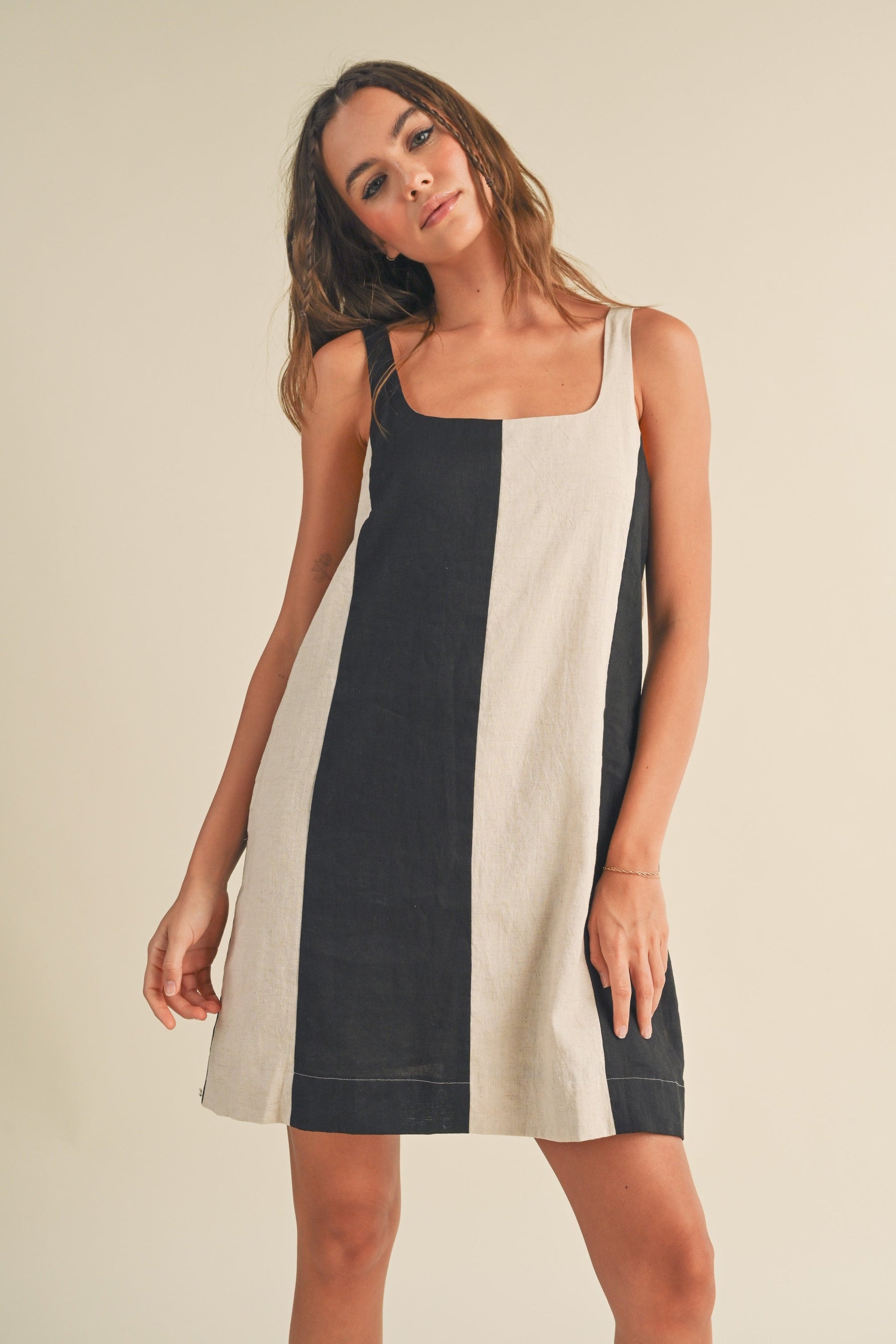 PinkBlush black color block linen sleeveless dress.