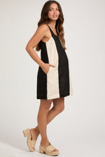 PinkBlush black color block linen sleeveless maternity dress.