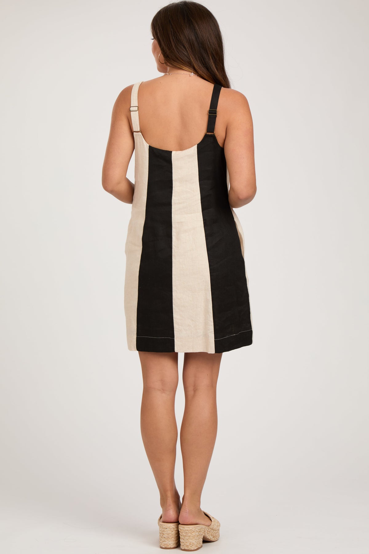 PinkBlush black color block linen sleeveless maternity dress.