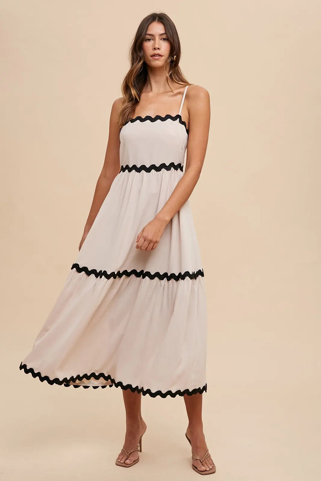 PinkBlush PinkBlush Beige Ric Rac Trim Tiered Maternity Midi Dress for Stylish Moms - Apparel & Accessories > Clothing > Dresses