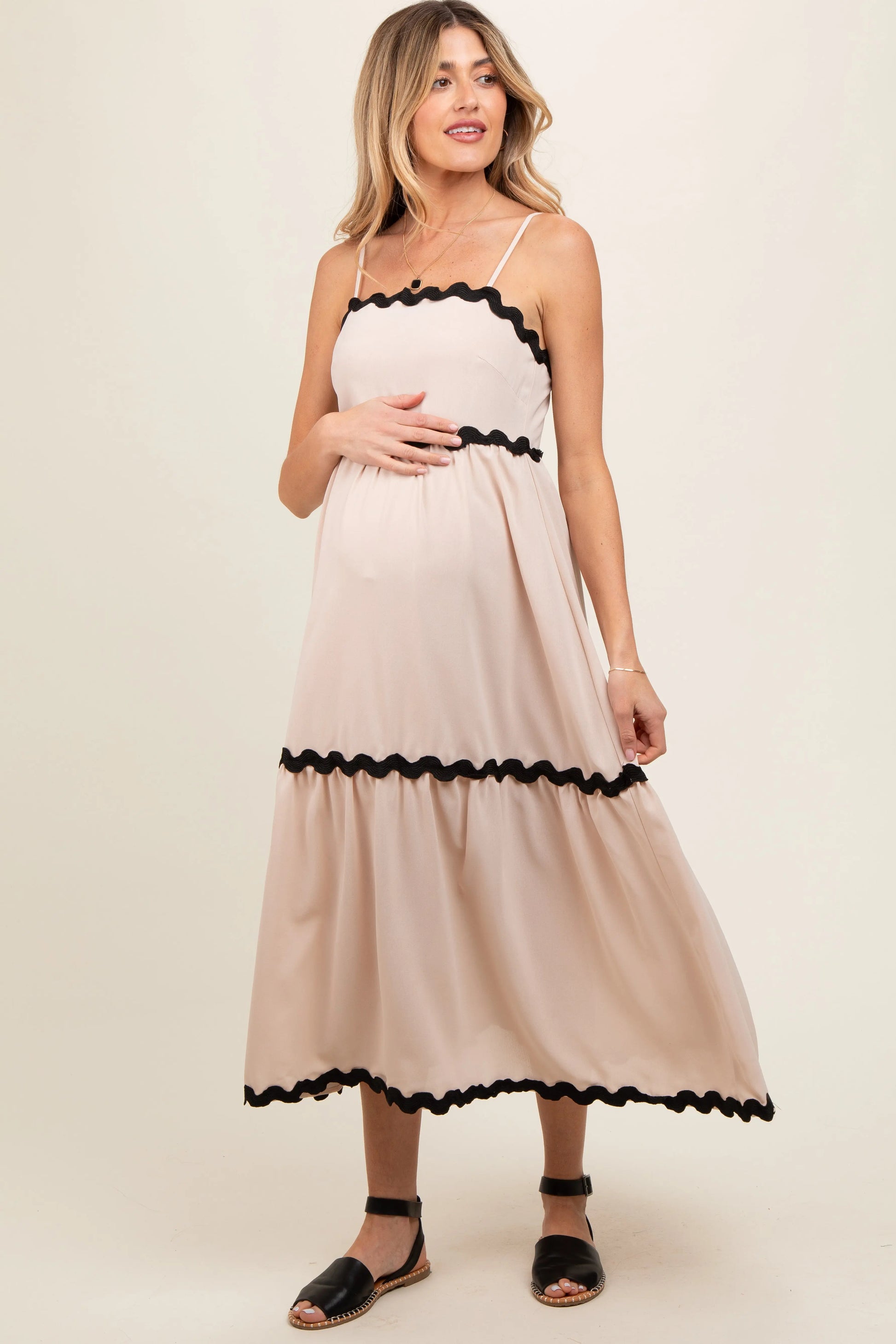 PinkBlush PinkBlush Beige Ric Rac Trim Tiered Maternity Midi Dress for Stylish Moms - Apparel & Accessories > Clothing > Dresses