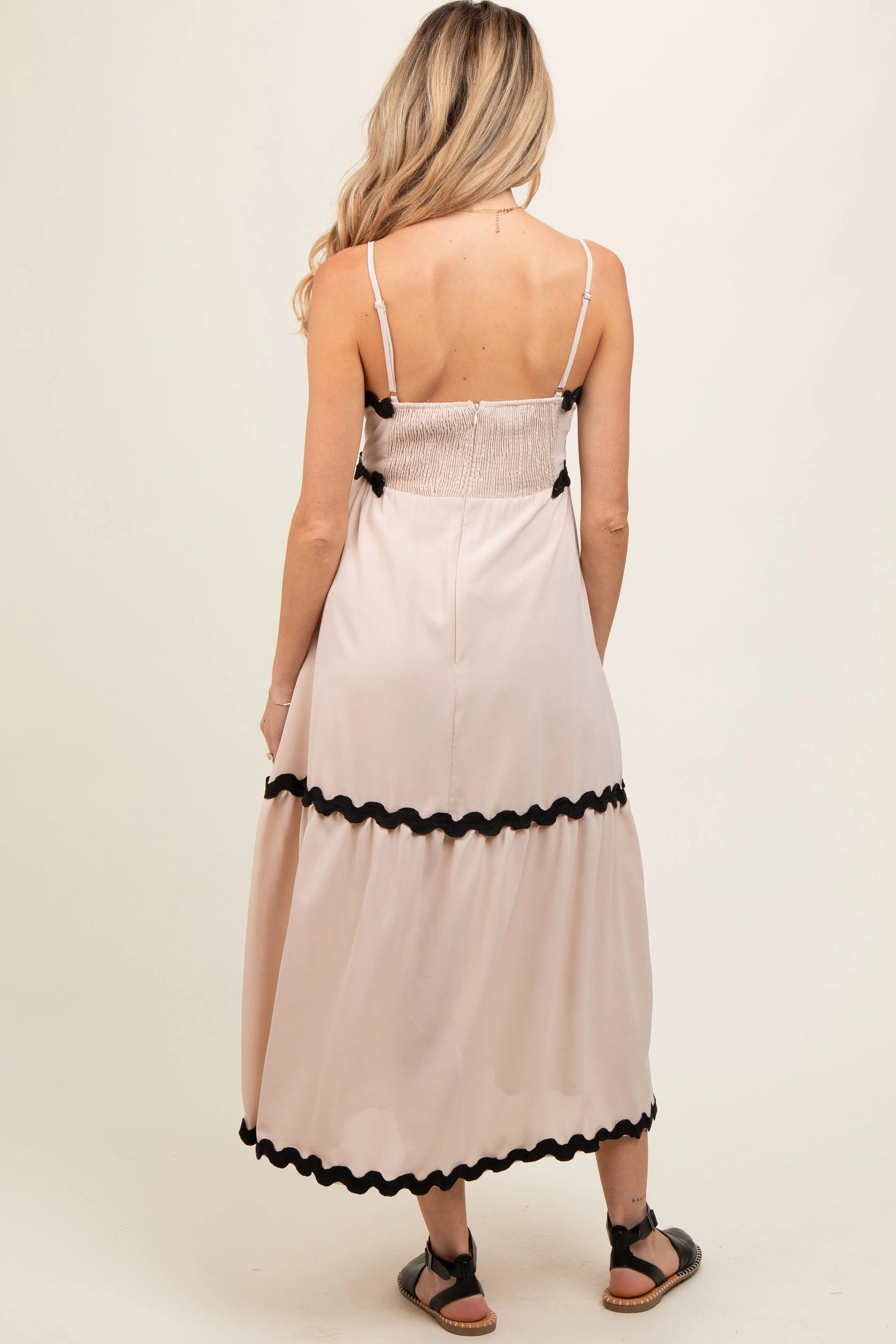 PinkBlush PinkBlush Beige Ric Rac Trim Tiered Maternity Midi Dress for Stylish Moms - Apparel & Accessories > Clothing > Dresses