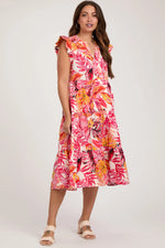 PinkBlush Chic Coral Floral Maternity Midi Dress with Flutter Sleeves for Expecting Moms - Apparel & Accessories > Clothing > Dresses