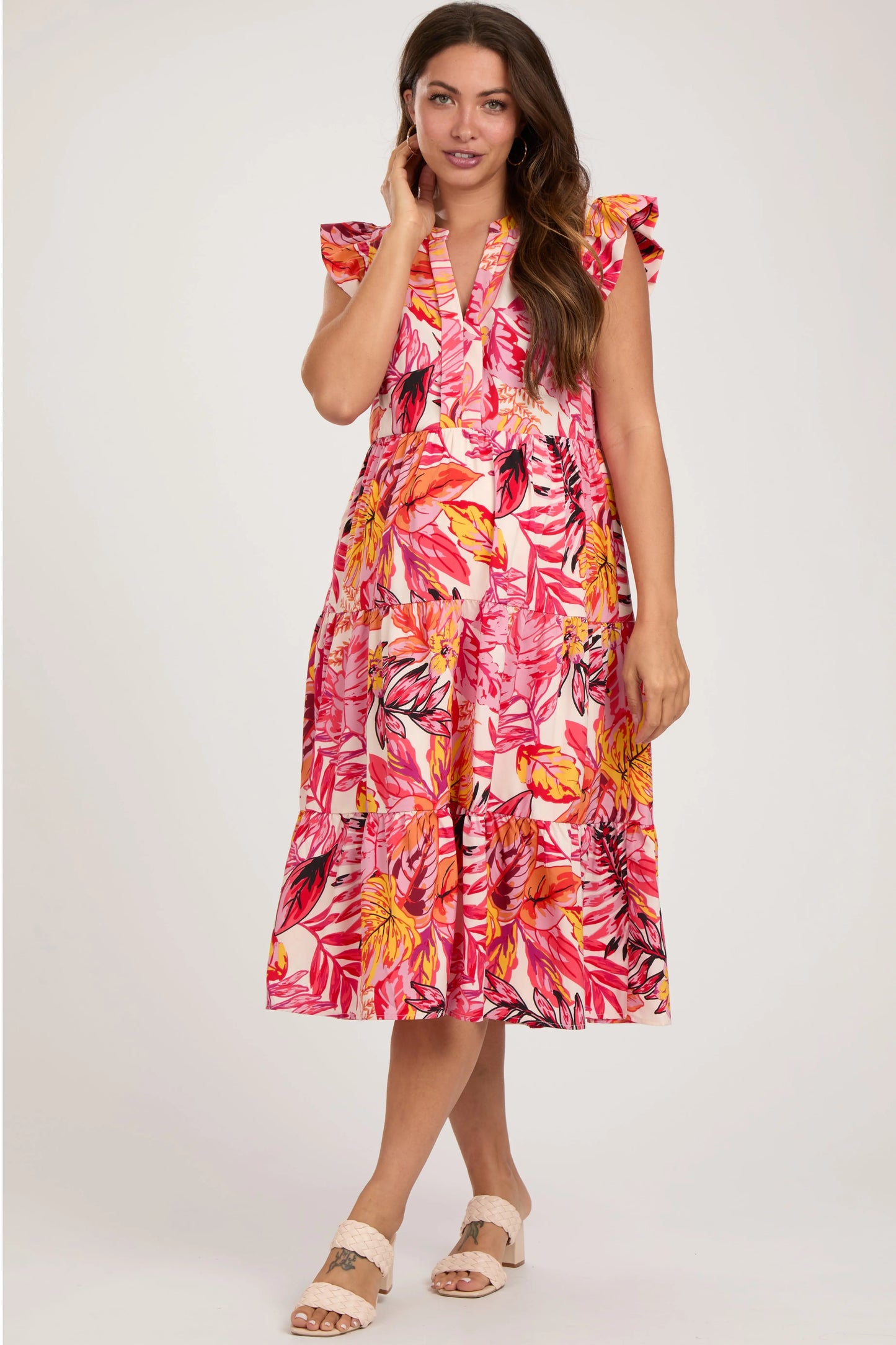 PinkBlush Chic Coral Floral Maternity Midi Dress with Flutter Sleeves for Expecting Moms - Apparel & Accessories > Clothing > Dresses