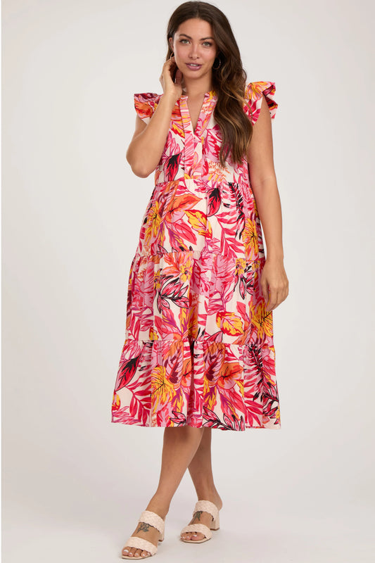 PinkBlush Chic Coral Floral Maternity Midi Dress with Flutter Sleeves for Expecting Moms - Apparel & Accessories > Clothing > Dresses