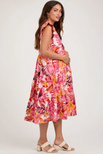 PinkBlush Chic Coral Floral Maternity Midi Dress with Flutter Sleeves for Expecting Moms - Apparel & Accessories > Clothing > Dresses