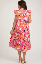 PinkBlush Chic Coral Floral Maternity Midi Dress with Flutter Sleeves for Expecting Moms - Apparel & Accessories > Clothing > Dresses