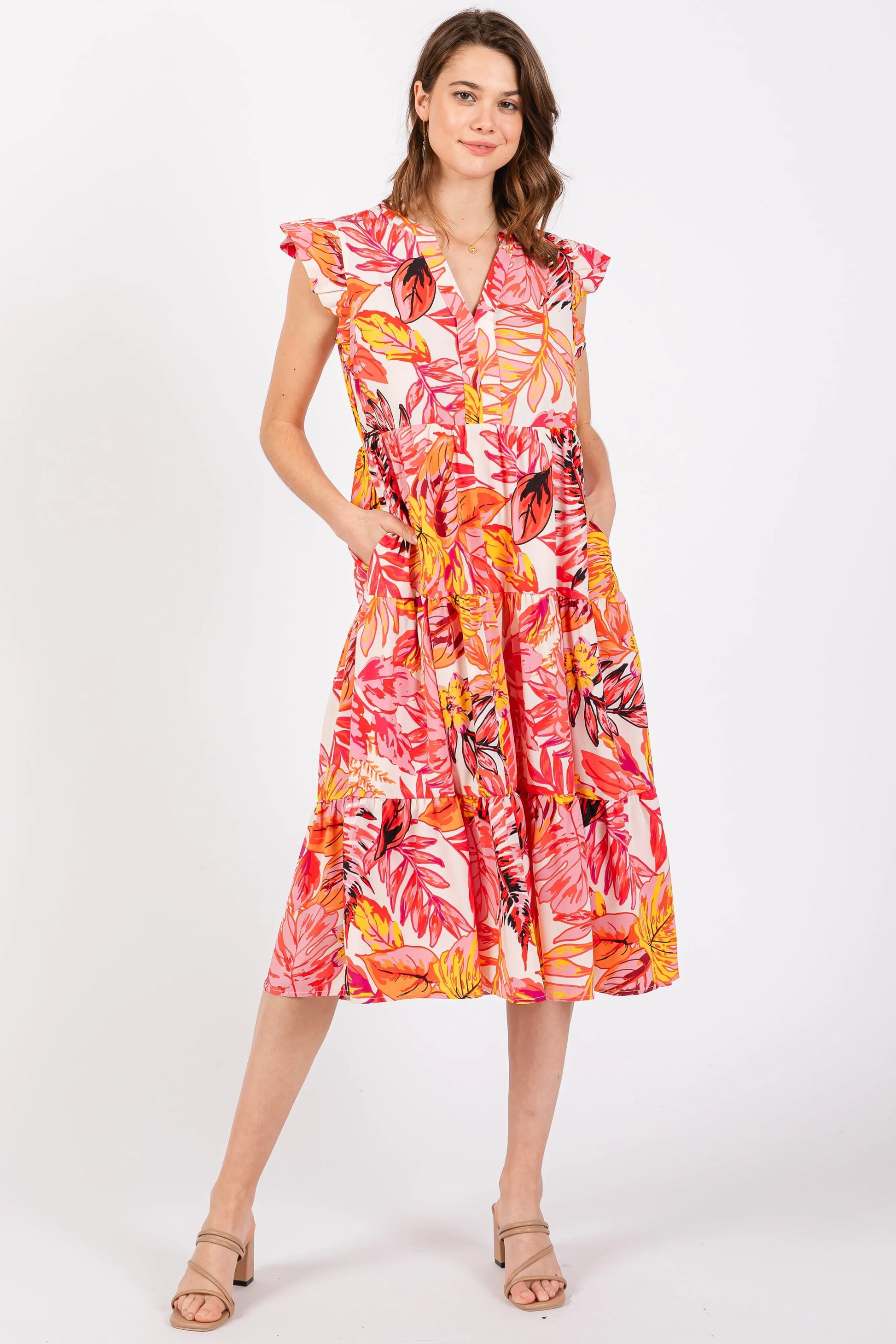 PinkBlush Chic Coral Floral Maternity Midi Dress with Flutter Sleeves for Expecting Moms - Apparel & Accessories > Clothing > Dresses