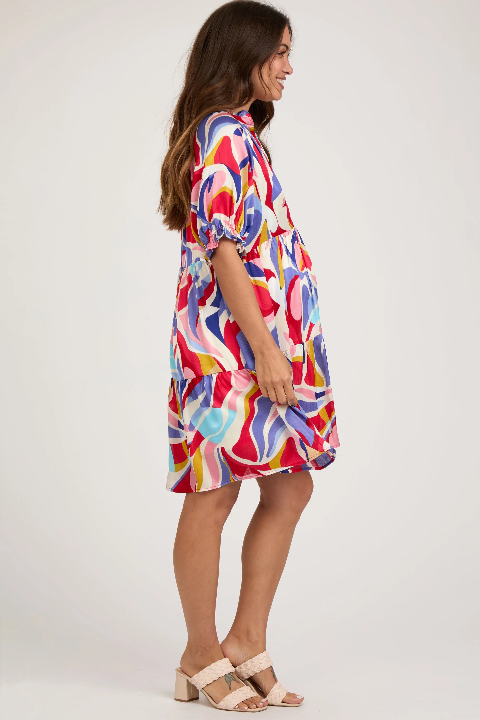 Red Multi Color Patterned Ruffle Tiered Maternity Dress PinkBlush