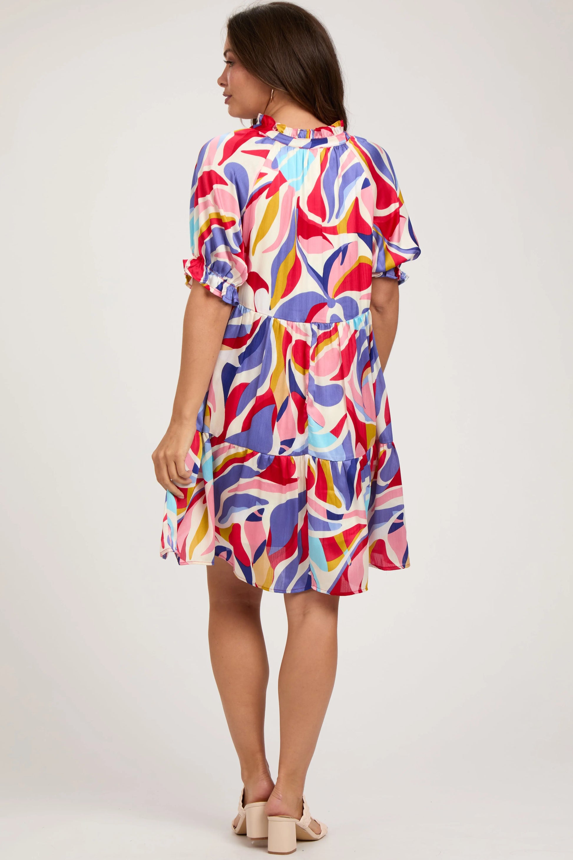 Red Multi Color Patterned Ruffle Tiered Maternity Dress PinkBlush