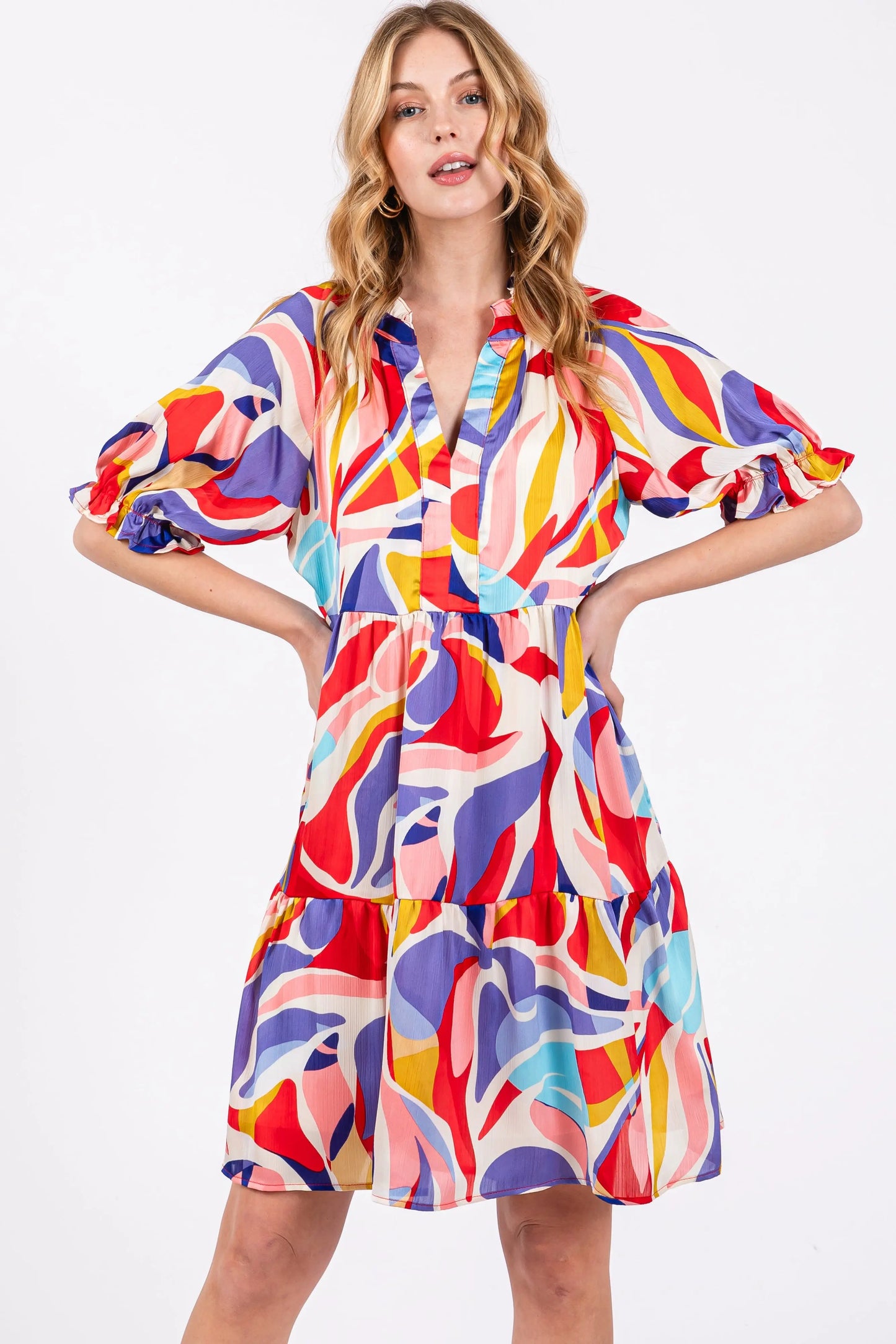 Red Multi Color Patterned Ruffle Tiered Maternity Dress PinkBlush