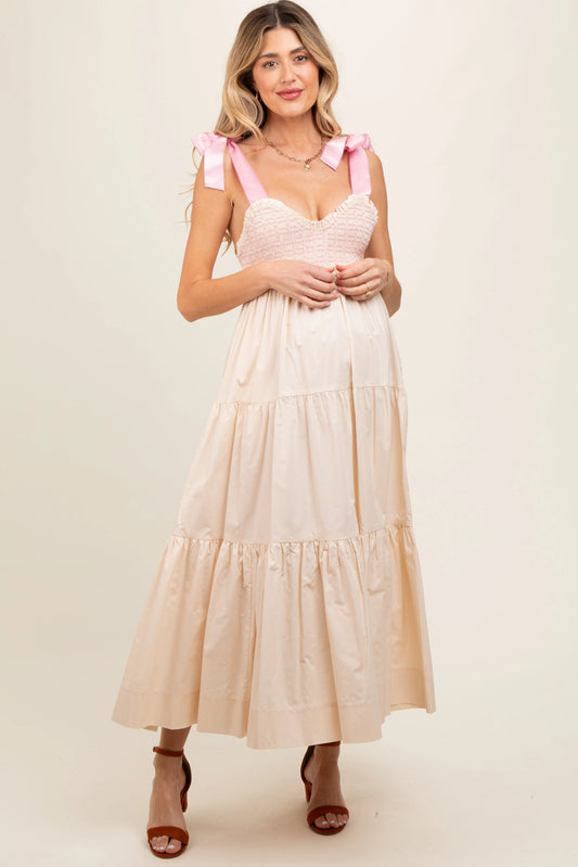 Cream Ribbon Strap Tiered Maternity Maxi Dress PinkBlush