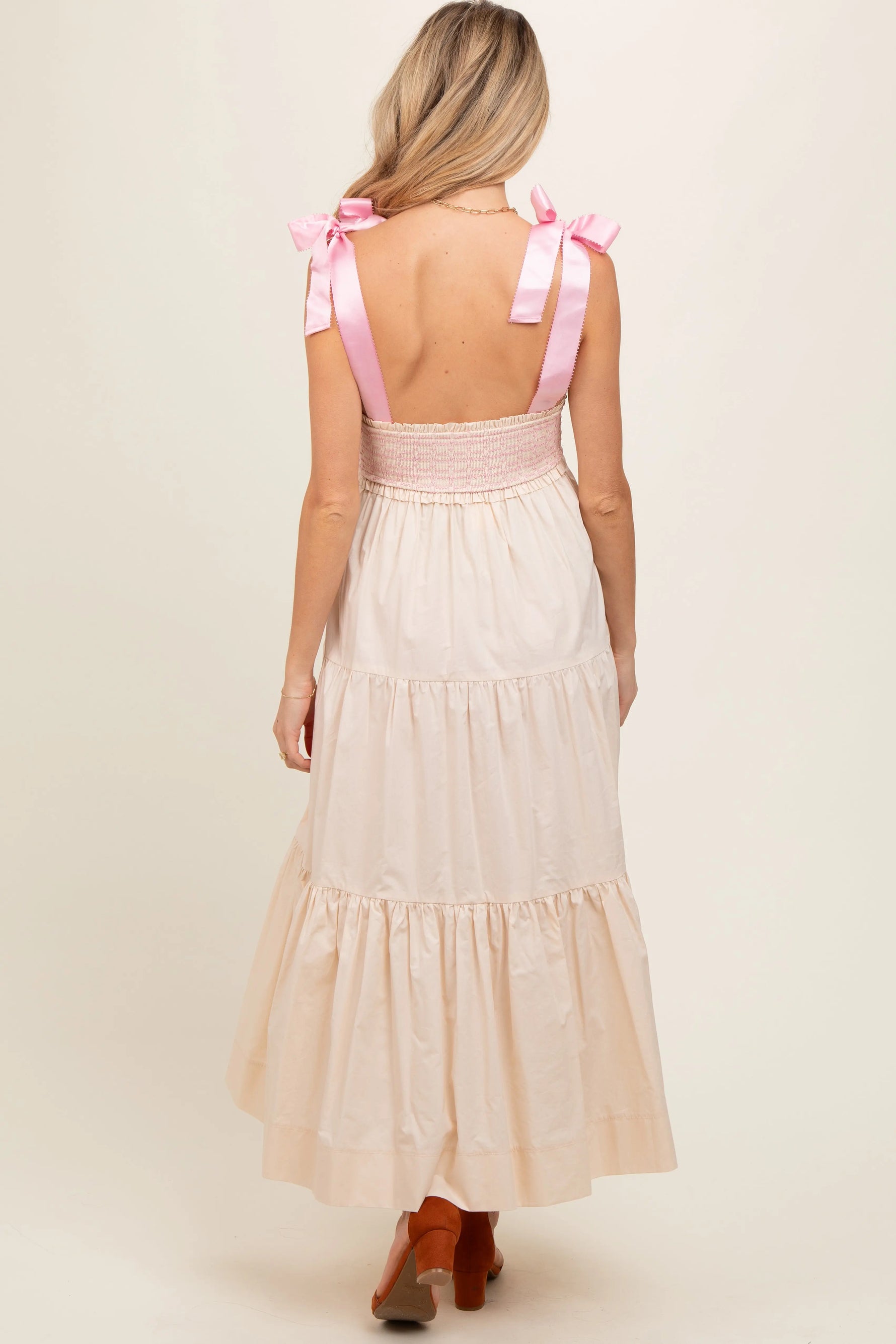 PinkBlush PinkBlush Cream Ribbon Strap Tiered Maternity Maxi Dress for Expecting Mothers - Apparel & Accessories > Clothing > Maternity Clothing > Maternity Dresses Apparel & Accessories > Clothing > Dresses