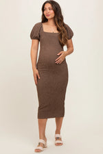 PinkBlush Chic Maternity Midi Dress with Popcorn Texture for Fashionable Moms - Apparel & Accessories > Clothing > Dresses