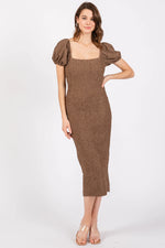 PinkBlush Chic Maternity Midi Dress with Popcorn Texture for Fashionable Moms - Apparel & Accessories > Clothing > Dresses