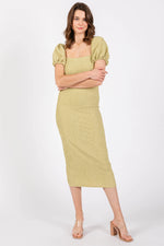 PinkBlush Lime Popcorn Textured Midi Dress with Puff Sleeves for Summer Outings - Apparel & Accessories > Clothing > Dresses Apparel & Accessories > Clothing > Dresses