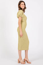 PinkBlush Lime Popcorn Textured Midi Dress with Puff Sleeves for Summer Outings - Apparel & Accessories > Clothing > Dresses Apparel & Accessories > Clothing > Dresses