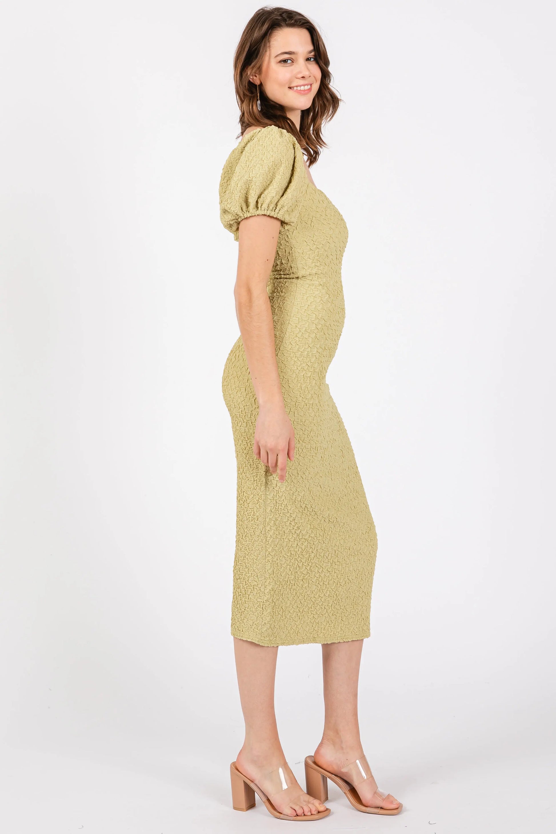 Lime Popcorn Textured Short Puff Sleeve Midi Dress PinkBlush