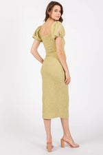 PinkBlush Lime Popcorn Textured Midi Dress with Puff Sleeves for Summer Outings - Apparel & Accessories > Clothing > Dresses Apparel & Accessories > Clothing > Dresses