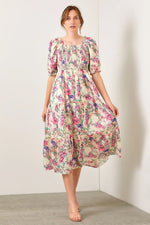 PinkBlush PinkBlush Cream Floral Puff Sleeve Smocked Midi Dress for Elegant Women - Apparel & Accessories > Clothing > Dresses