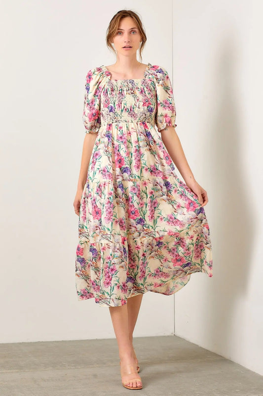 PinkBlush PinkBlush Cream Floral Puff Sleeve Smocked Midi Dress for Elegant Women - Apparel & Accessories > Clothing > Dresses
