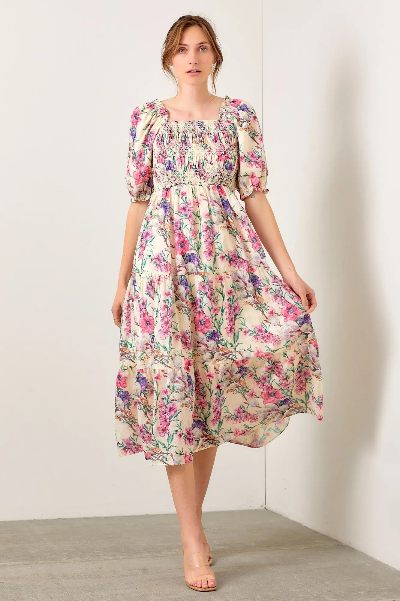 Cream Floral Puff Sleeve Smocked Midi Dress PinkBlush 