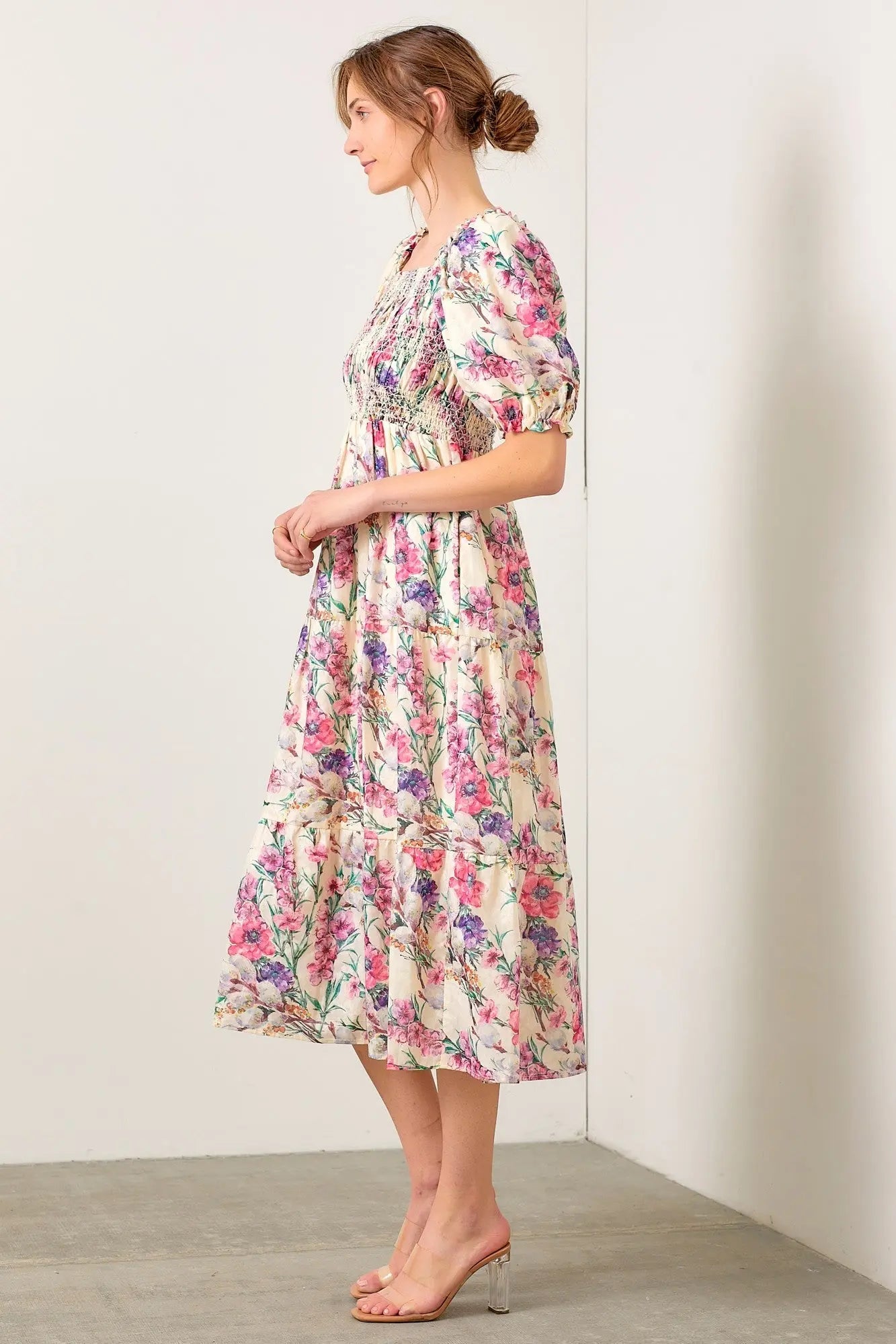 Cream Floral Puff Sleeve Smocked Midi Dress PinkBlush 