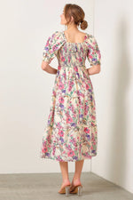 PinkBlush PinkBlush Cream Floral Puff Sleeve Smocked Midi Dress for Elegant Women - Apparel & Accessories > Clothing > Dresses