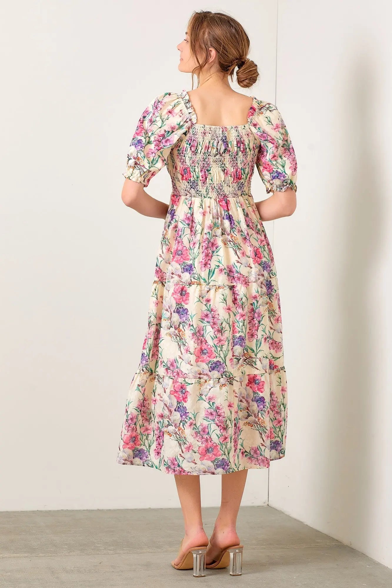 PinkBlush PinkBlush Cream Floral Puff Sleeve Smocked Midi Dress for Elegant Women - Apparel & Accessories > Clothing > Dresses