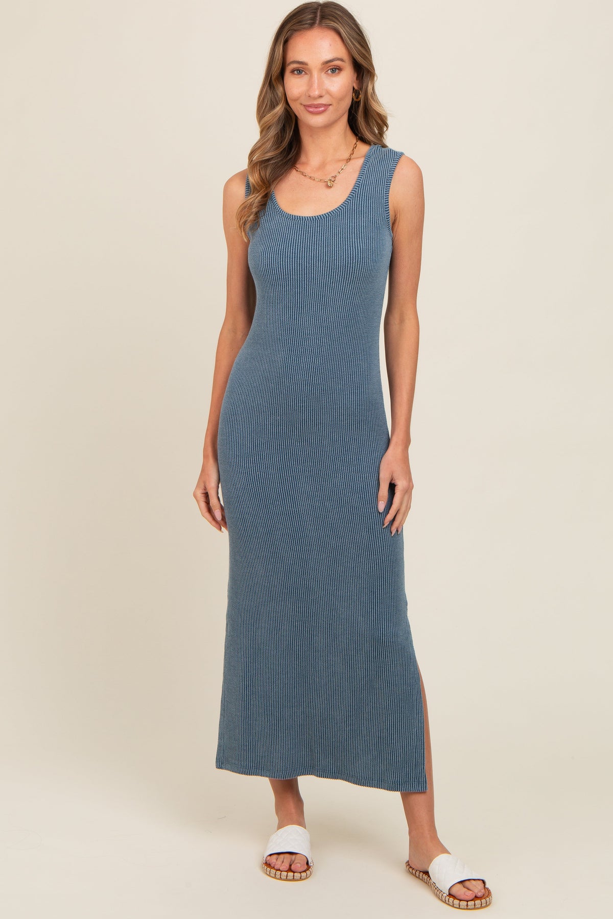 Blue Ribbed Side Slit Maternity Maxi Dress by PinkBlush at Everetts Place