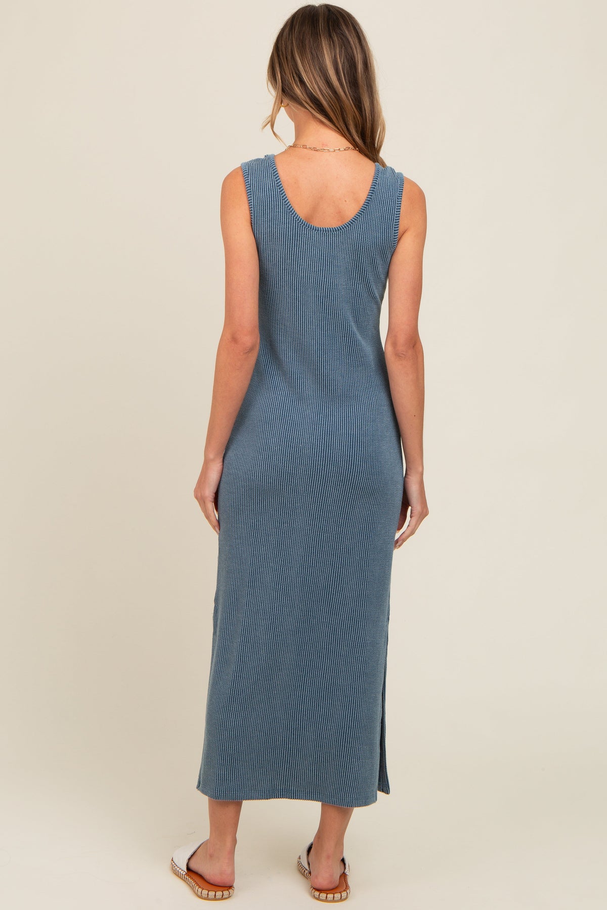 Blue Ribbed Side Slit Maxi Dress by PinkBlush at Everetts Place