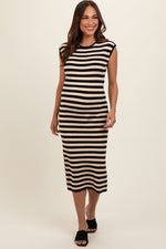 Black and white striped sleeveless maternity midi dress with a rounded neckline