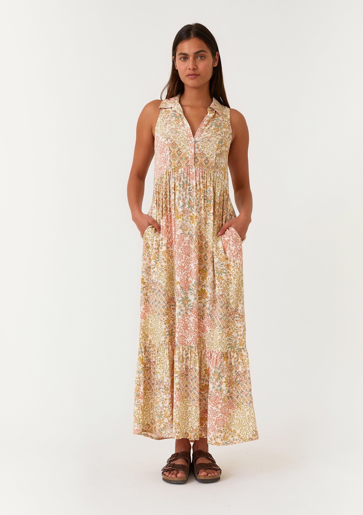 Peach Floral Sleeveless Button Tiered Collared Maxi Dress by PinkBlush at Everetts Place