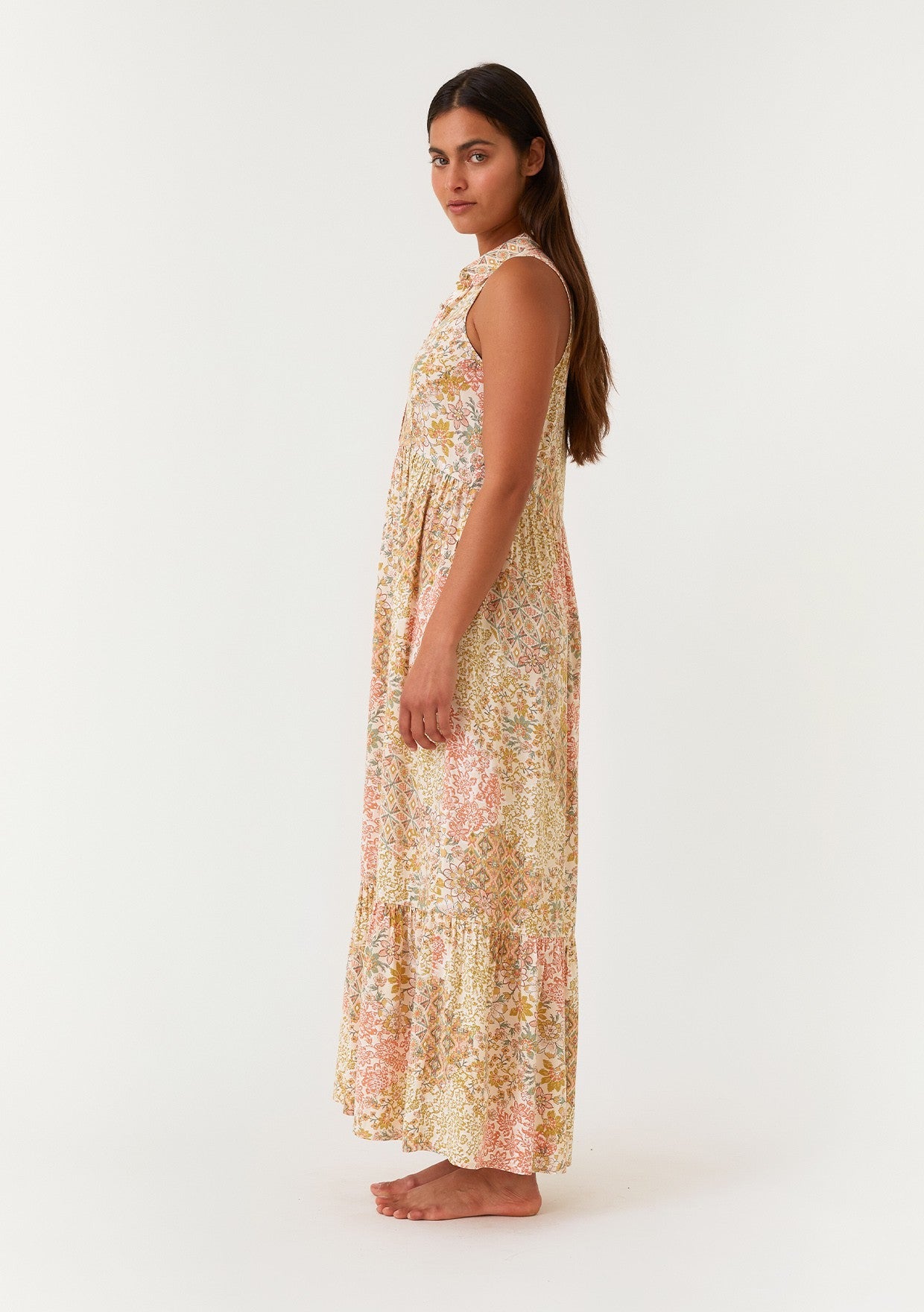 Peach Floral Sleeveless Button Tiered Collared Maxi Dress by PinkBlush at Everetts Place