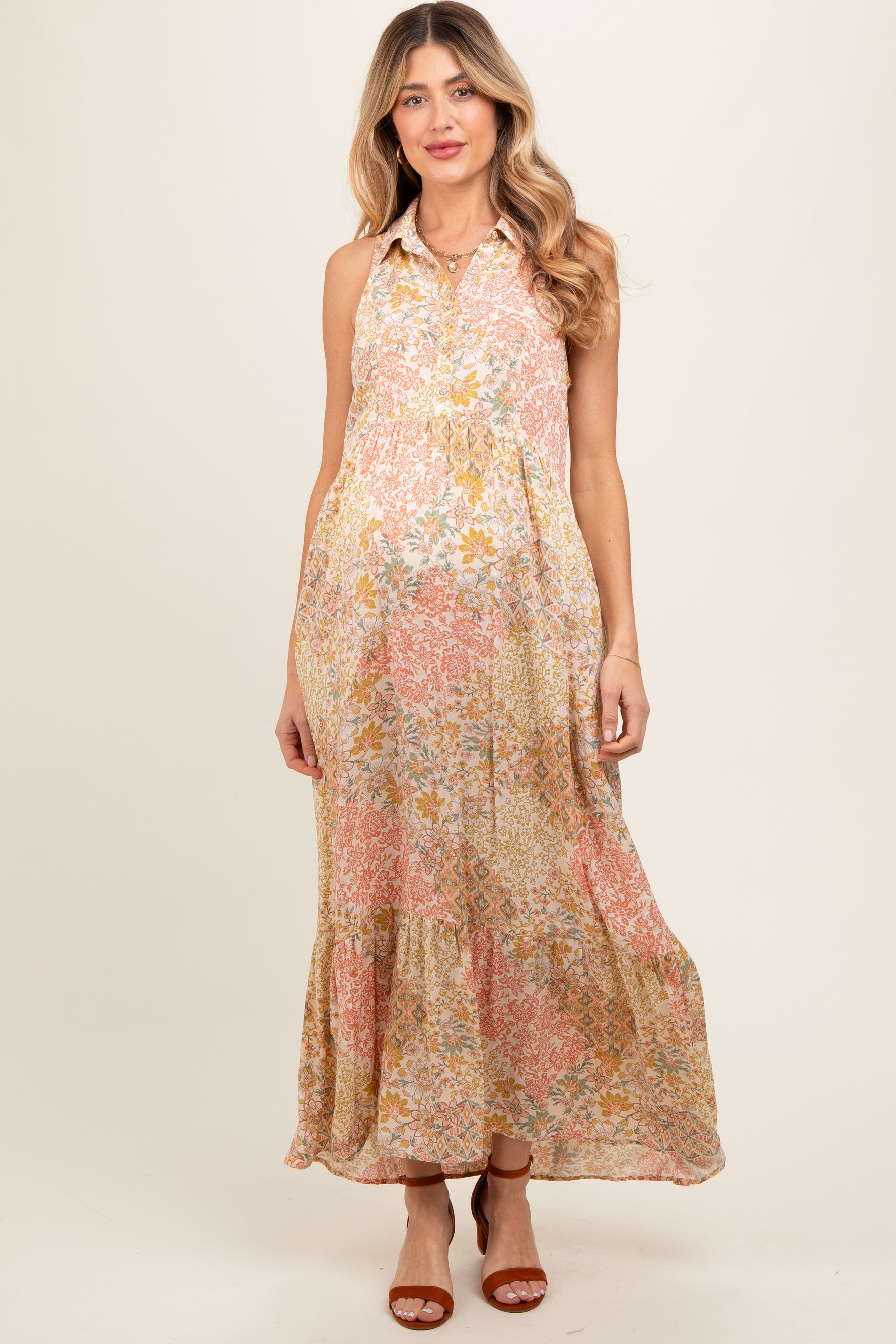 Peach Floral Sleeveless Button Tiered Collared Maternity Maxi Dress by PinkBlush at Everetts Place