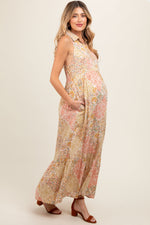 Peach Floral Sleeveless Button Tiered Collared Maternity Maxi Dress by PinkBlush at Everetts Place