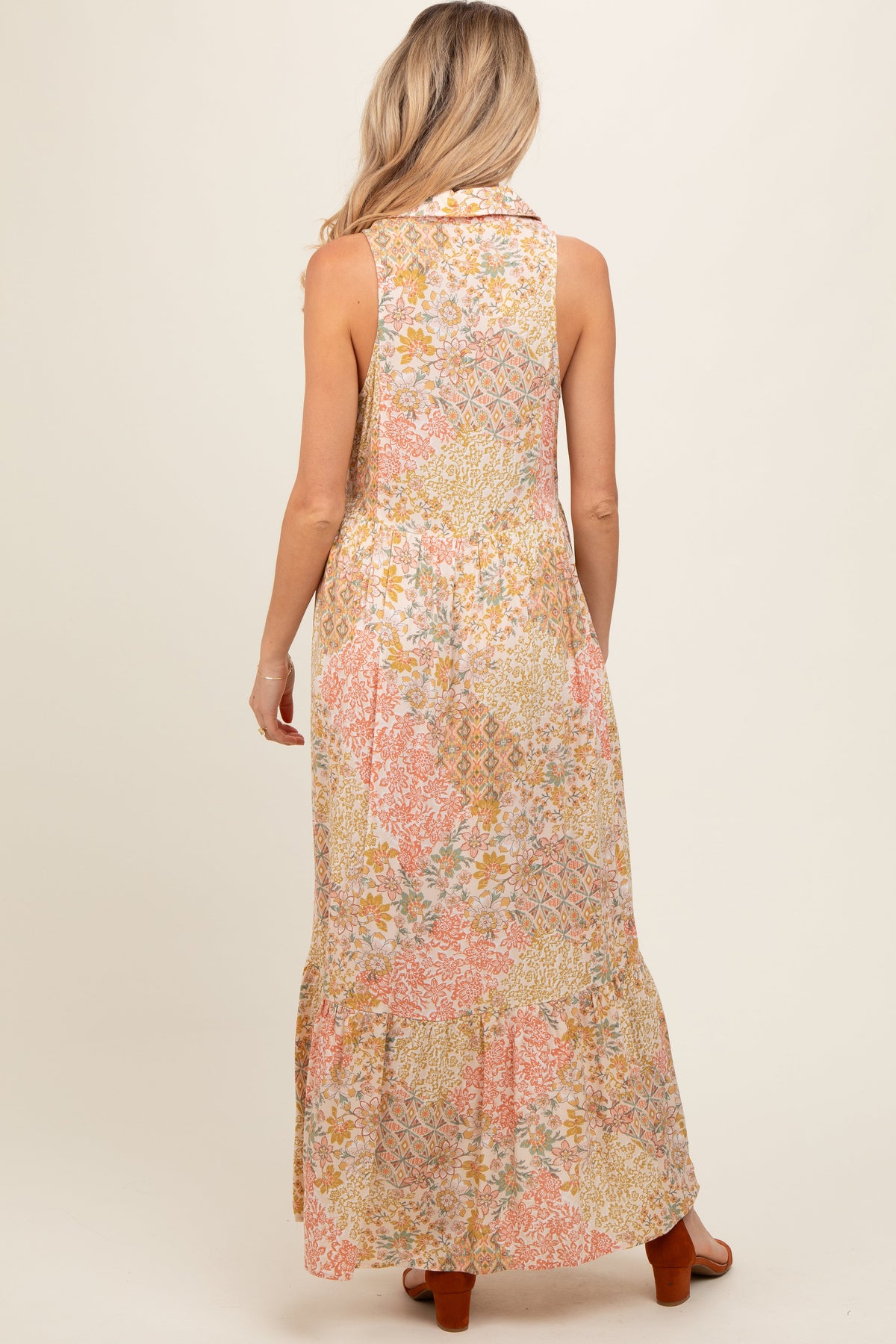 Peach Floral Sleeveless Button Tiered Collared Maternity Maxi Dress by PinkBlush at Everetts Place
