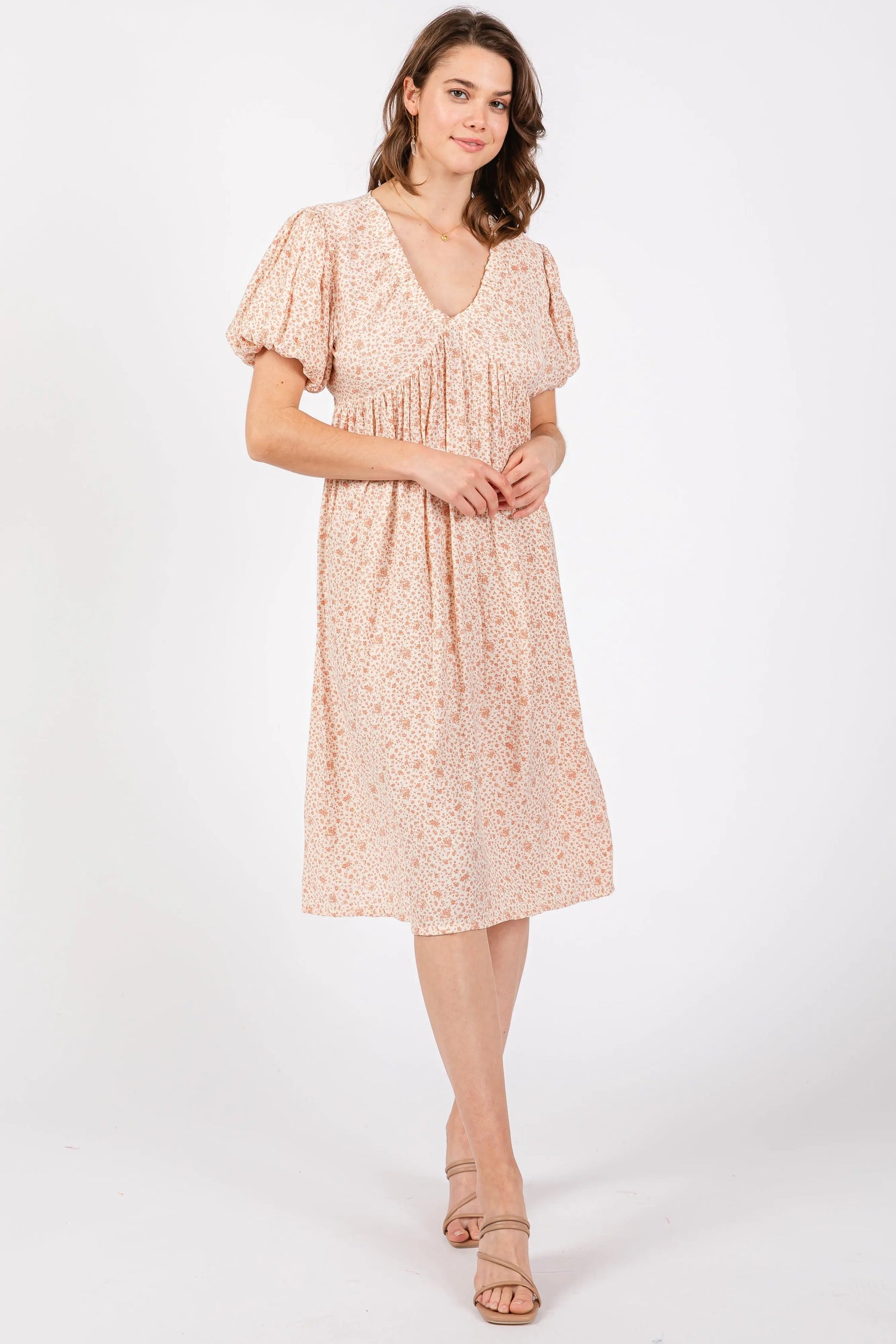 PinkBlush Peach Floral Midi Dress with Puff Sleeves for Stylish Women - Apparel & Accessories > Clothing > Dresses